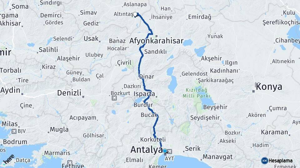 Antalya Altıntaş Kütahya Arası Kaç Km - Yol Haritası