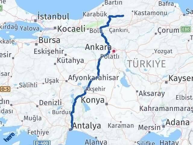 Antalya Araç Kastamonu Arası Kaç Km - Yol Haritası