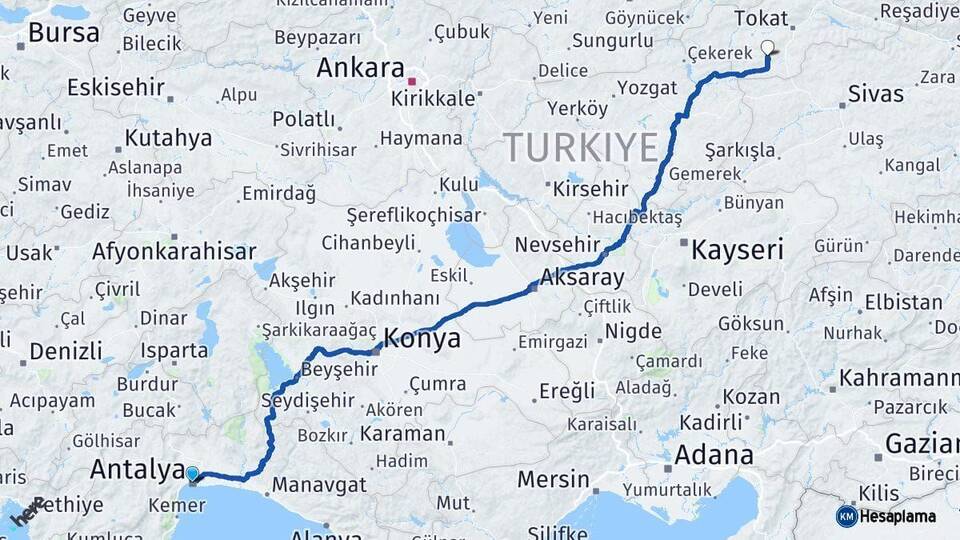 Antalya Artova Tokat Arası Kaç Km - Yol Haritası