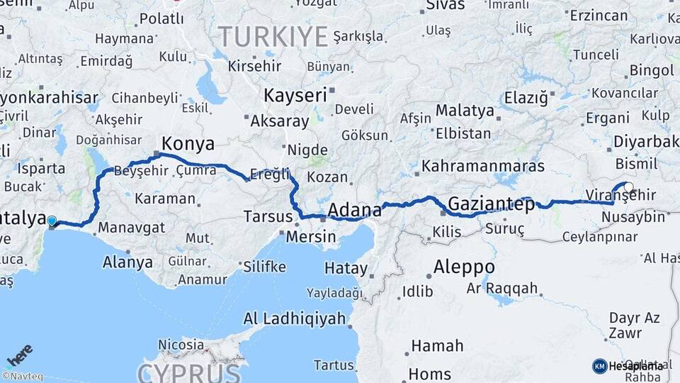 Antalya Artuklu Mardin Arası Kaç Km - Yol Haritası