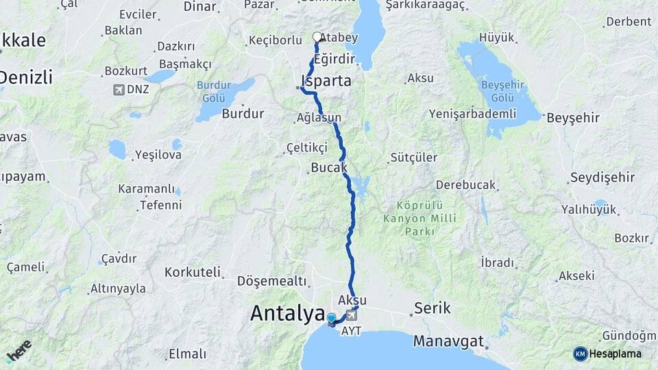Antalya Atabey Isparta Arası Kaç Km - Yol Haritası