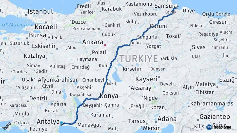 Antalya Atakum Samsun Arası Kaç Km - Yol Haritası