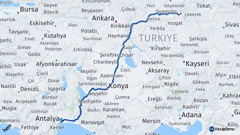 Antalya Aydıncık Yozgat Arası Kaç Km - Yol Haritası