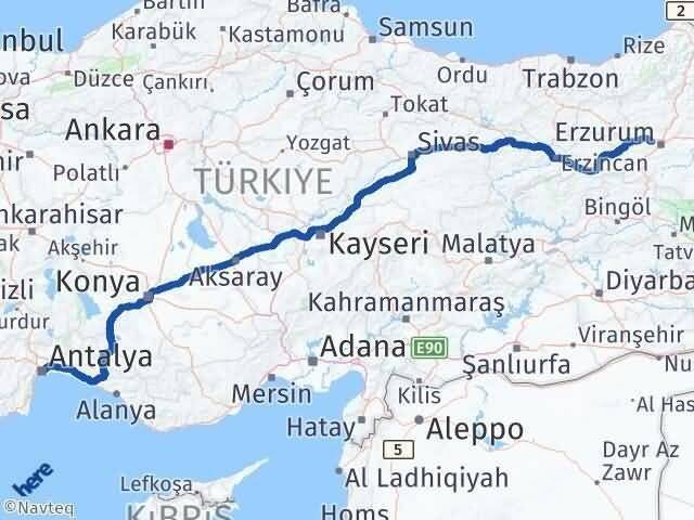 Antalya Aziziye Erzurum Arası Kaç Km - Yol Haritası