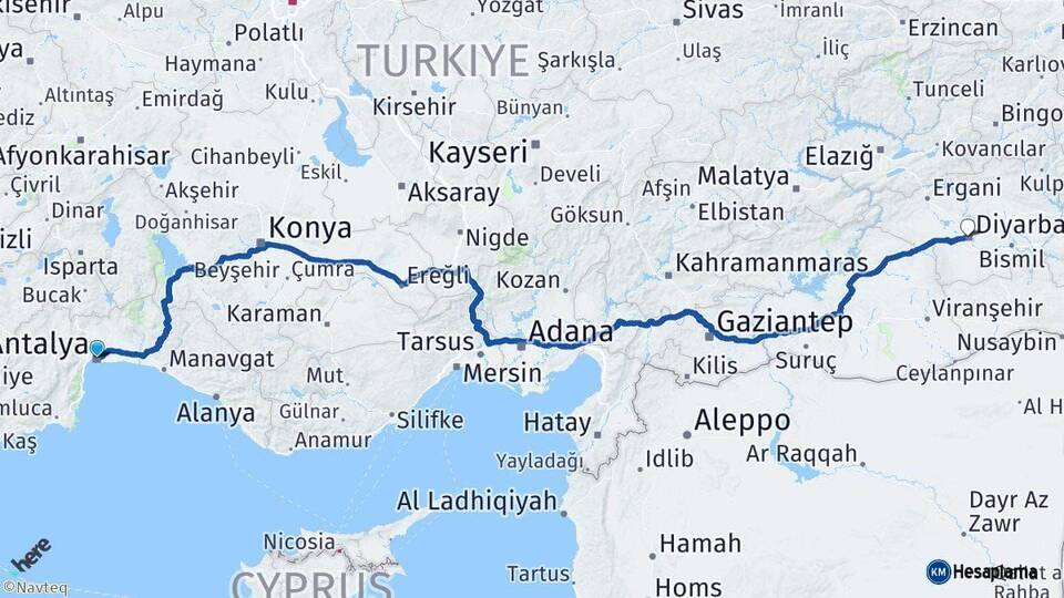 Antalya Bağlar Diyarbakır Arası Kaç Km - Yol Haritası