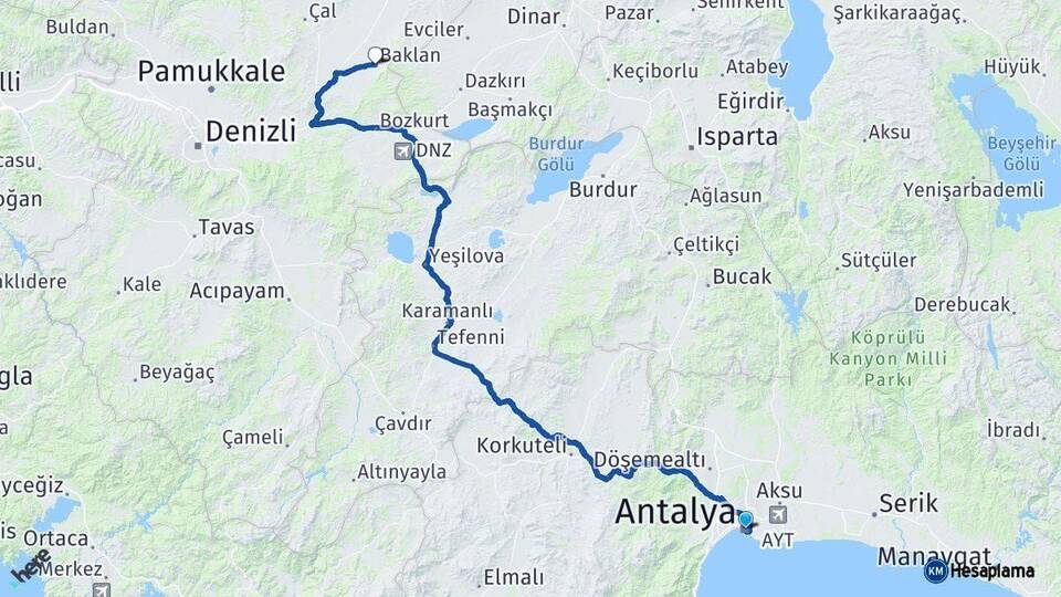 Antalya Baklan Denizli Arası Kaç Km - Yol Haritası