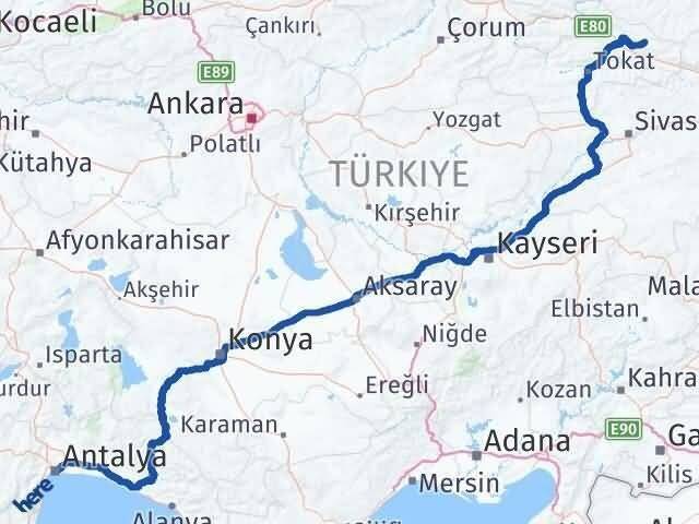 Antalya Başçiftlik Tokat Arası Kaç Km - Yol Haritası
