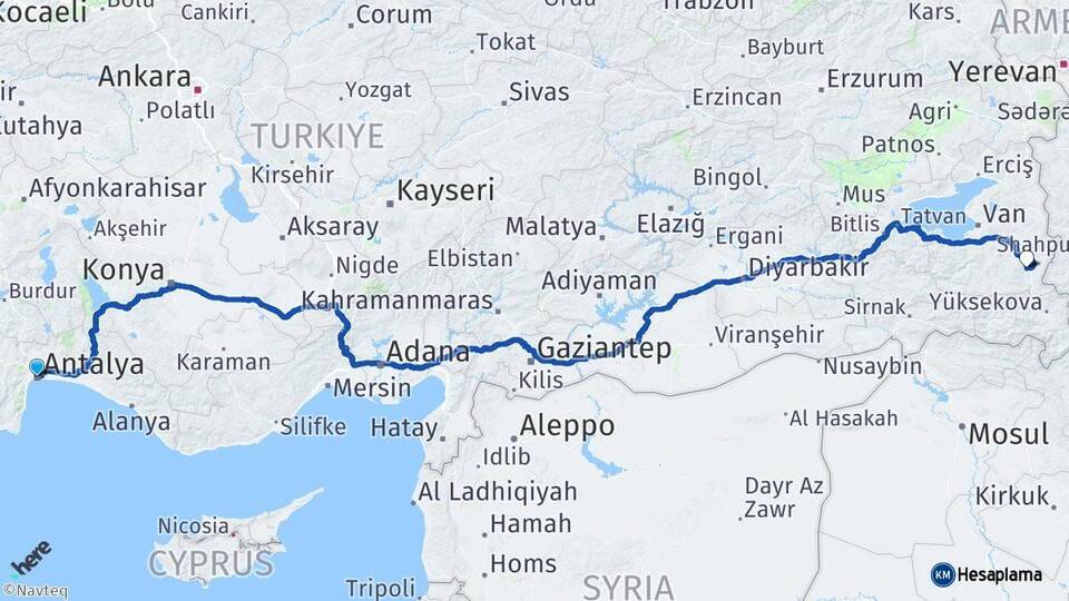 Antalya Başkale Van Arası Kaç Km - Yol Haritası