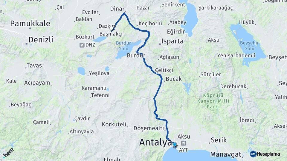 Antalya Başmakçı Afyonkarahisar Arası Kaç Km - Yol Haritası