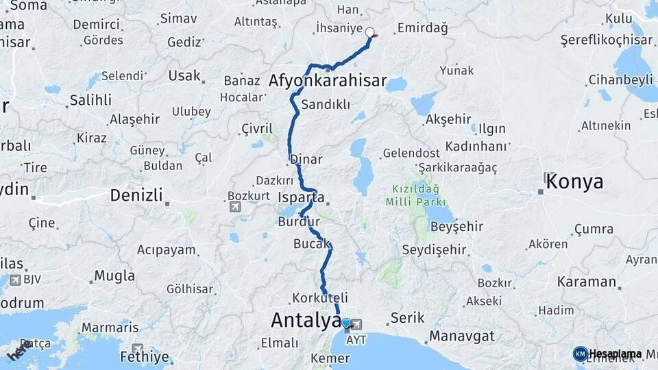 Antalya Bayat Afyonkarahisar Arası Kaç Km - Yol Haritası