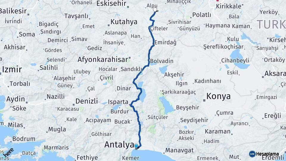 Antalya Beylikova Eskişehir Arası Kaç Km - Yol Haritası