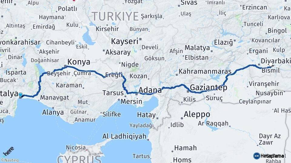 Antalya Bismil Diyarbakır Arası Kaç Km - Yol Haritası