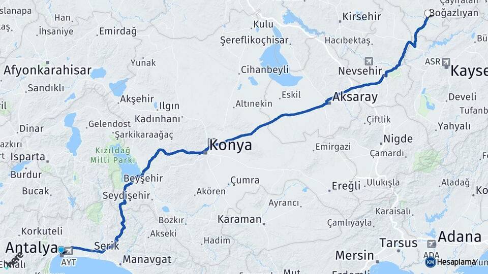 Antalya Boğazlıyan Yozgat Arası Kaç Km - Yol Haritası