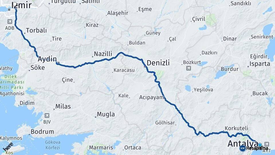 Antalya Bornova İzmir Arası Kaç Km - Yol Haritası