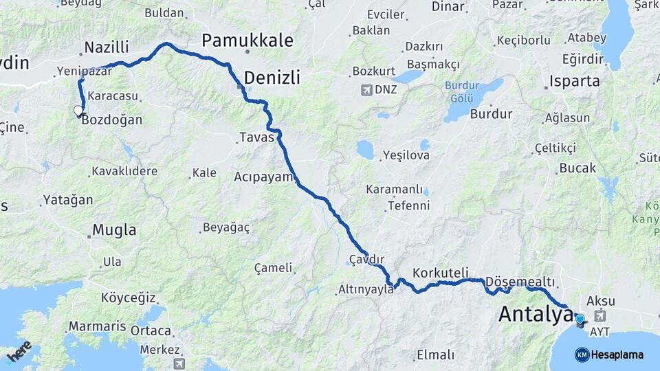 Antalya Bozdoğan Aydın Arası Kaç Km - Yol Haritası