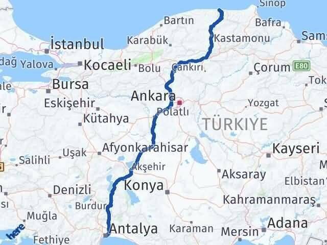 Antalya Bozkurt Kastamonu Arası Kaç Km - Yol Haritası