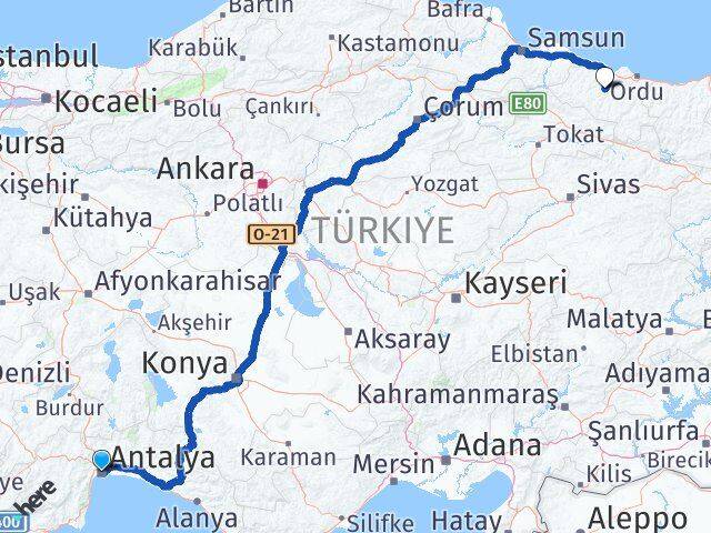 Antalya Çatalpınar Ordu Arası Kaç Km - Yol Haritası
