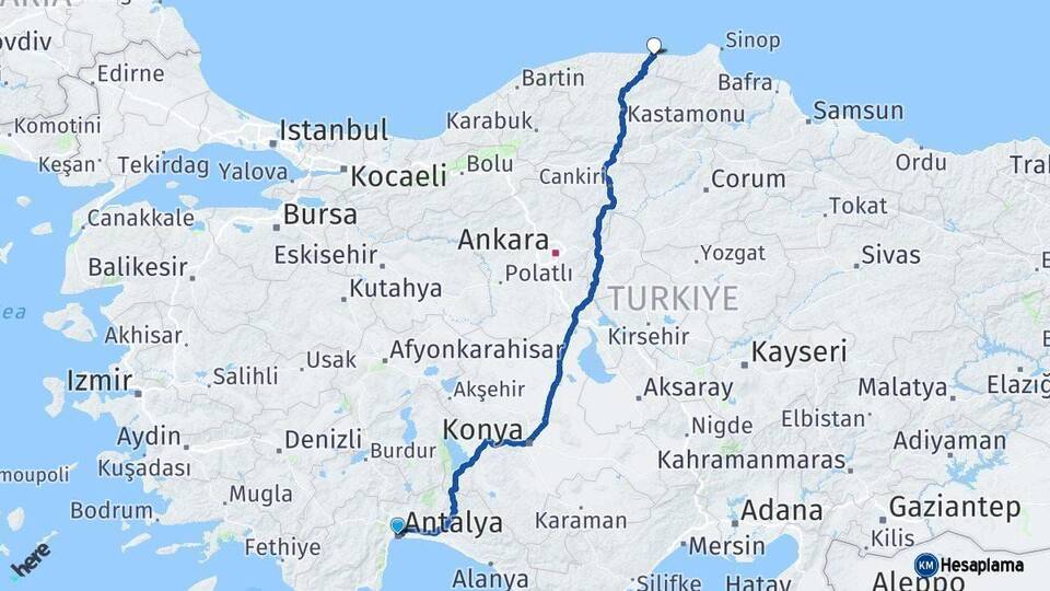 Antalya Çatalzeytin Kastamonu Arası Kaç Km - Yol Haritası