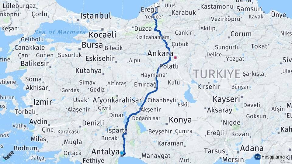 Antalya Çaycuma Zonguldak Arası Kaç Km - Yol Haritası