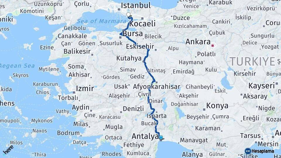 Antalya Çayırova Kocaeli Arası Kaç Km - Yol Haritası