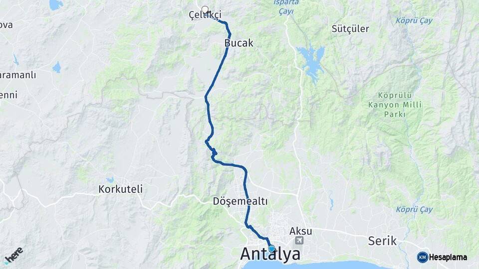 Antalya Çeltikçi Burdur Arası Kaç Km - Yol Haritası