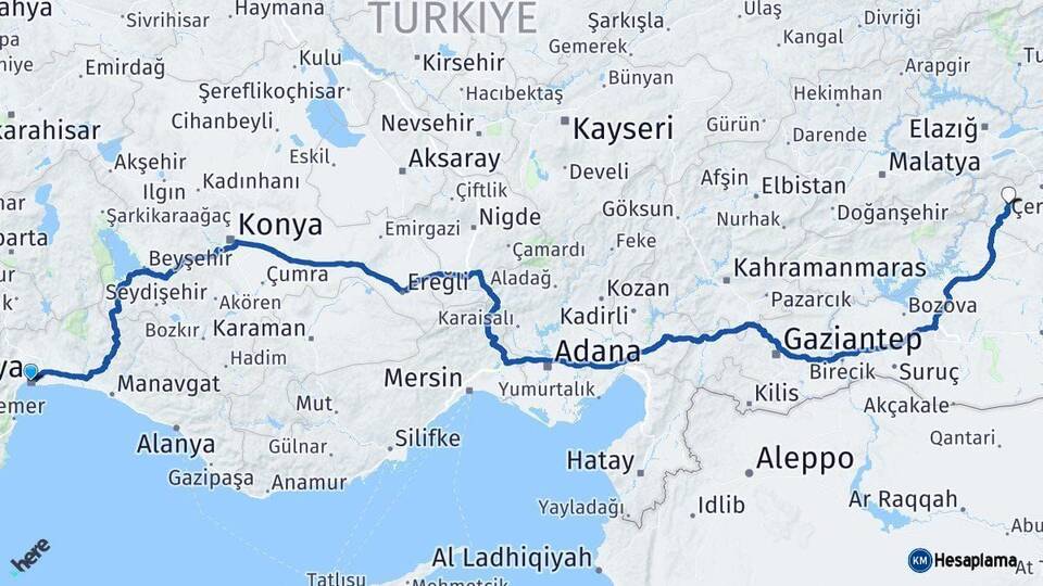 Antalya Çermik Diyarbakır Arası Kaç Km - Yol Haritası