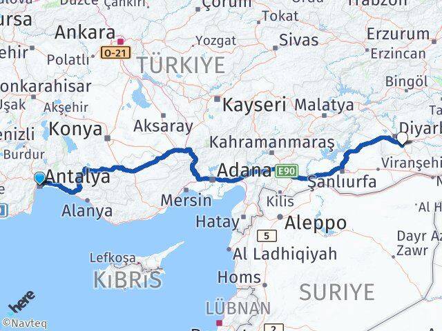 Antalya Çınar Diyarbakır Arası Kaç Km - Yol Haritası