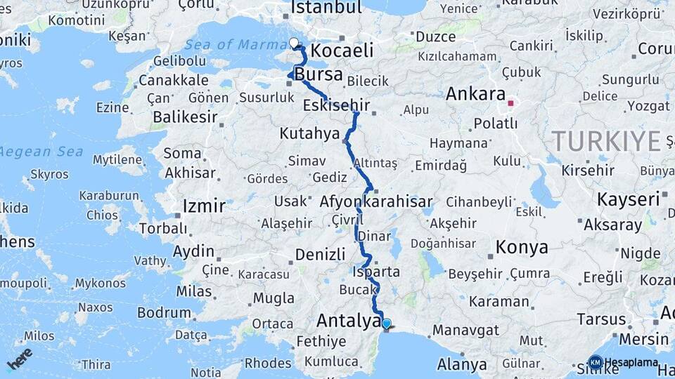 Antalya Çınarcık Yalova Arası Kaç Km - Yol Haritası