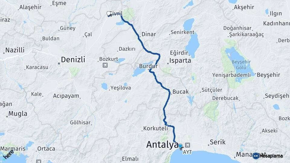 Antalya Çivril Denizli Arası Kaç Km - Yol Haritası