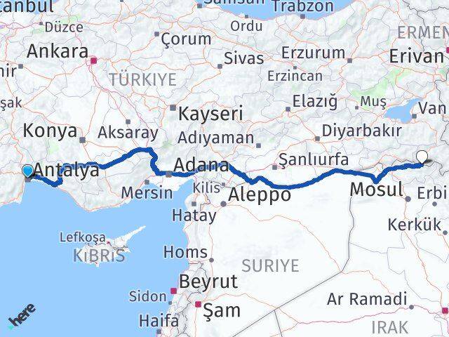 Antalya Çukurca Hakkari Arası Kaç Km - Yol Haritası