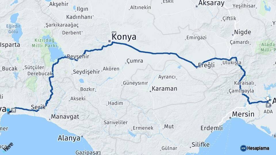 Antalya Çukurova Adana Arası Kaç Km - Yol Haritası