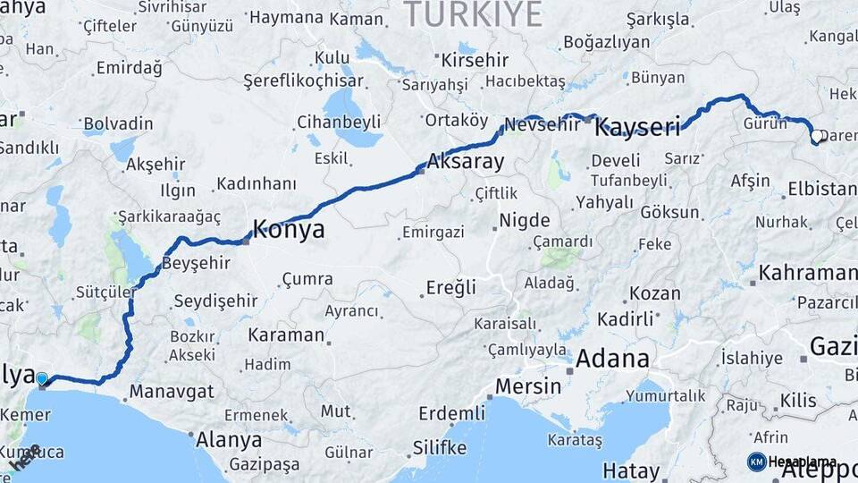 Antalya Darende Malatya Arası Kaç Km - Yol Haritası