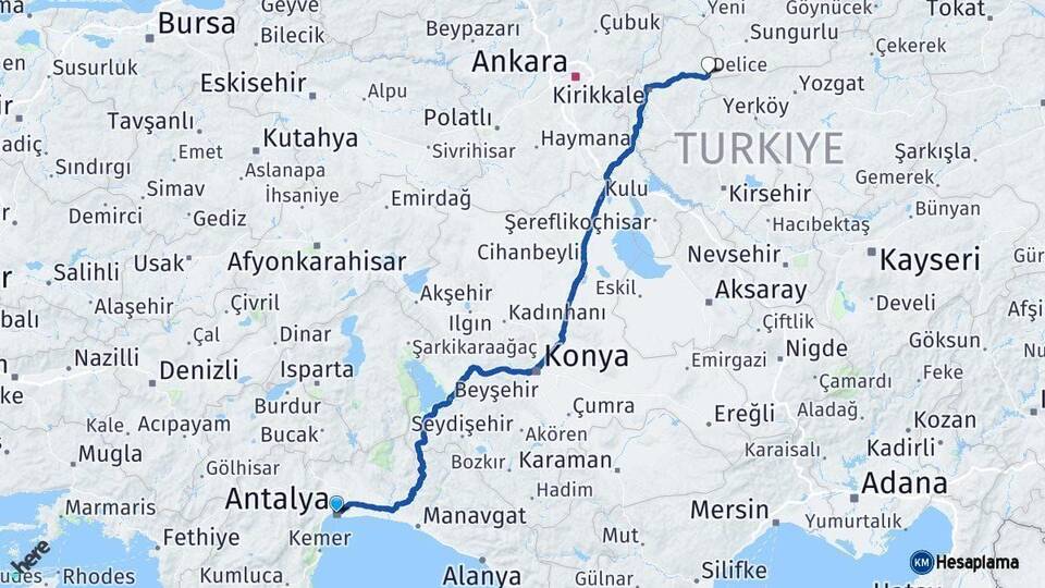 Antalya Delice Kırıkkale Arası Kaç Km - Yol Haritası