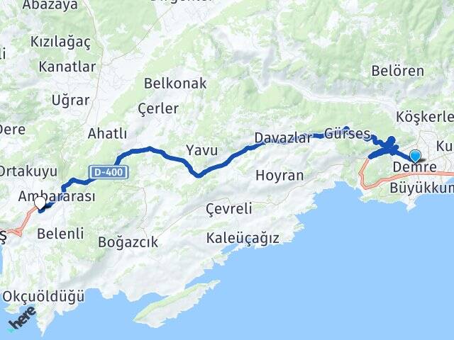 Antalya Demre Ağullu Kaş Arası Kaç Km - Yol Haritası