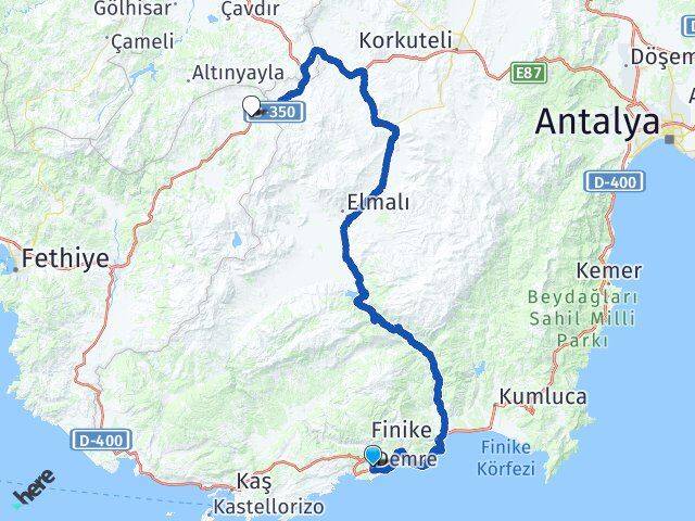 Antalya Demre Çaltılar Seydikemer Muğla Arası Kaç Km - Yol Haritası