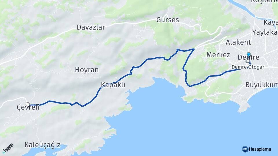 Antalya Demre Çevreli Demre Arası Kaç Km - Yol Haritası