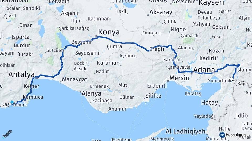 Antalya Demre Hassa Hatay Arası Kaç Km - Yol Haritası