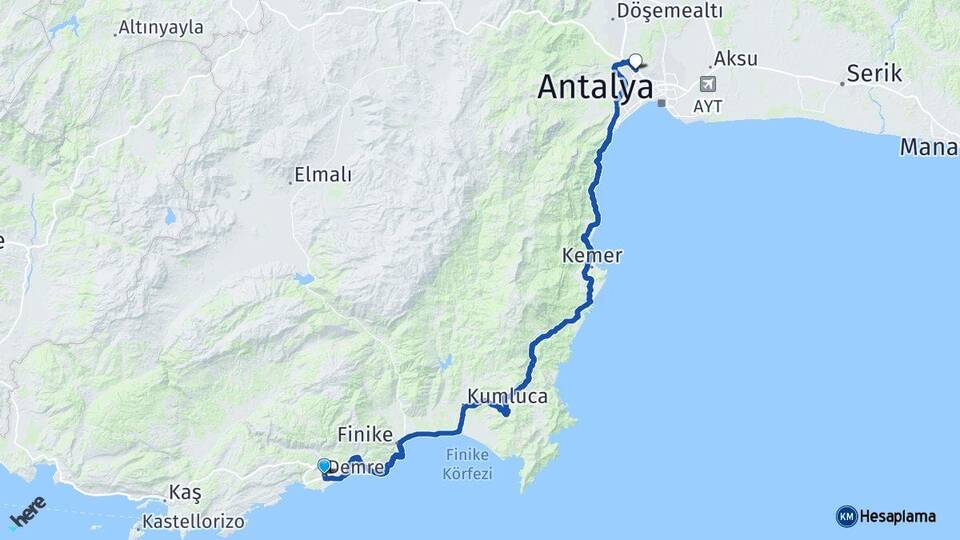Antalya Demre Kepez Arası Kaç Km - Yol Haritası