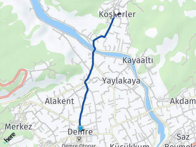 Antalya Demre Köşkerler Demre Arası Kaç Km - Yol Haritası