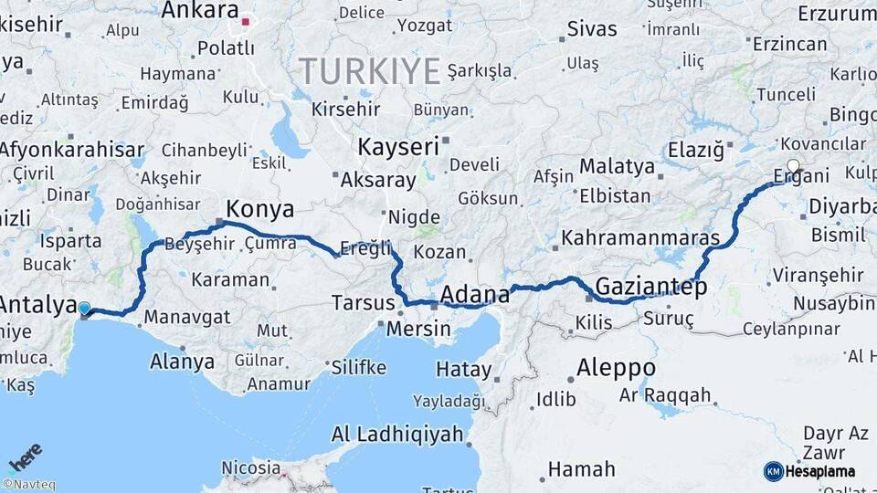 Antalya Dicle Diyarbakır Arası Kaç Km - Yol Haritası