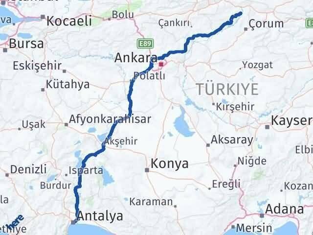 Antalya Dodurga Çorum Arası Kaç Km - Yol Haritası