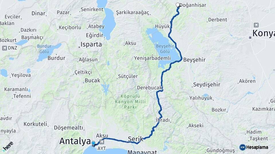 Antalya Doğanhisar Konya Arası Kaç Km - Yol Haritası