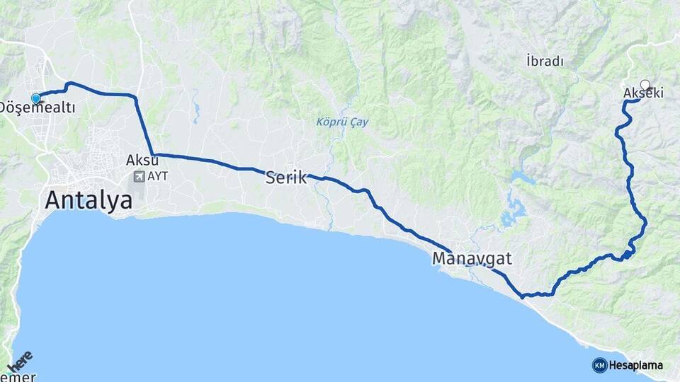 Antalya Döşemealtı Akseki Arası Kaç Km - Yol Haritası