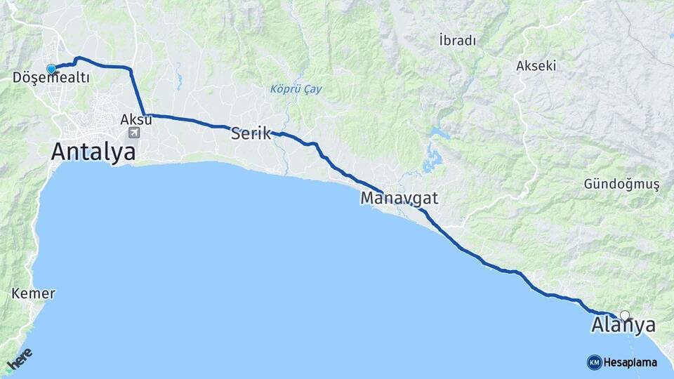 Antalya Döşemealtı Alanya Arası Kaç Km - Yol Haritası