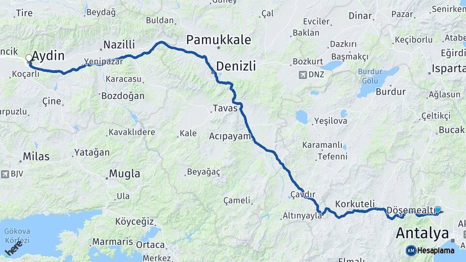 Antalya Döşemealtı Aydın Arası Kaç Km - Yol Haritası