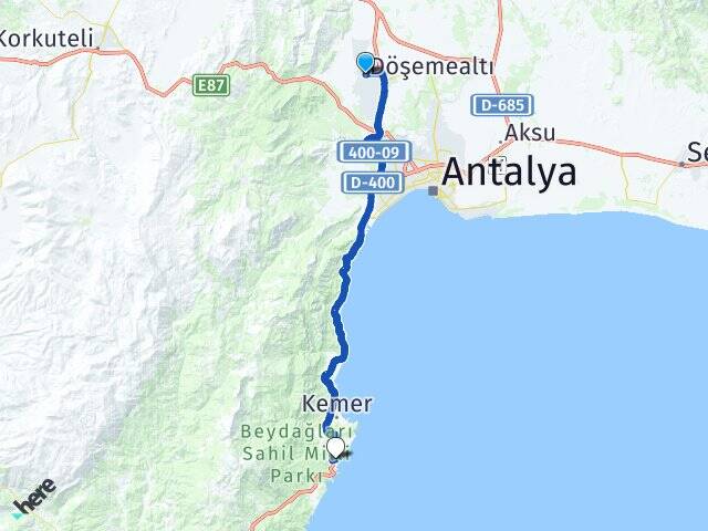 Antalya Döşemealtı Çamyuva Kemer Arası Kaç Km - Yol Haritası