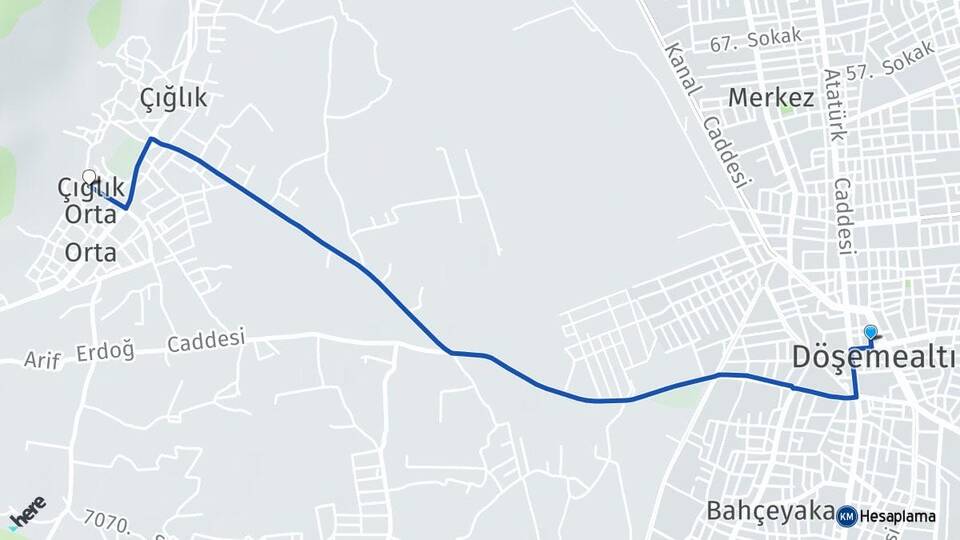 Antalya Döşemealtı Çığlık Döşemealtı Arası Kaç Km - Yol Haritası