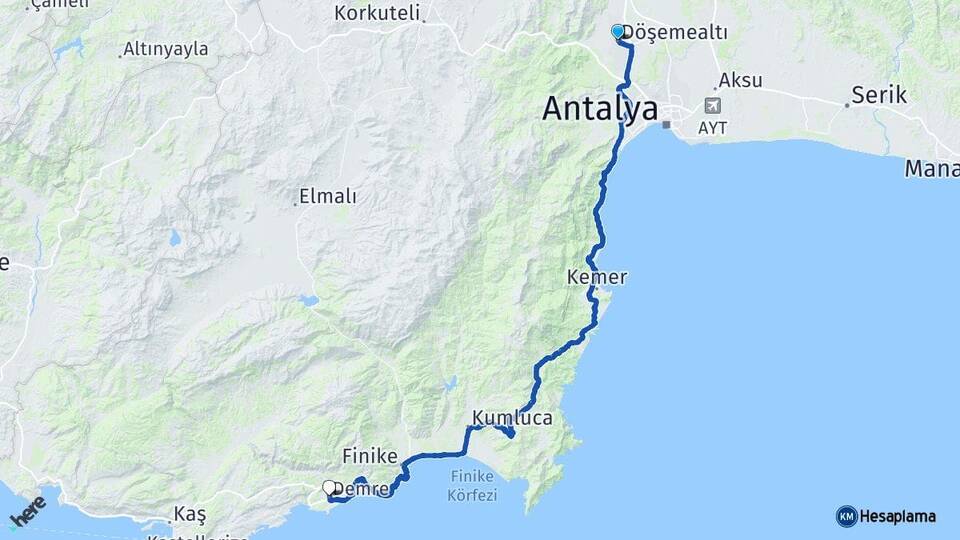 Antalya Döşemealtı Demre Arası Kaç Km - Yol Haritası