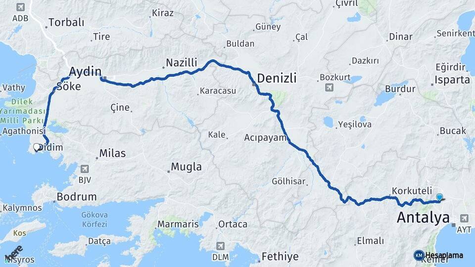 Antalya Döşemealtı Didim Aydın Arası Kaç Km - Yol Haritası