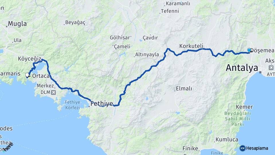 Antalya Döşemealtı Ekincik Köyceğiz Muğla Arası Kaç Km - Yol Haritası